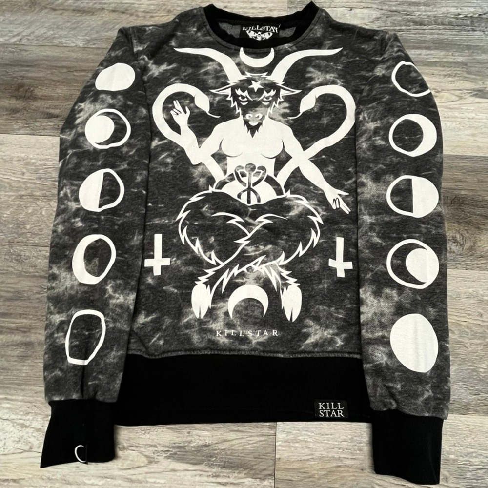Killstar Baphomet Gothic Occult Gray Black Tie Dye Adult XS Pullover Sweatshirt